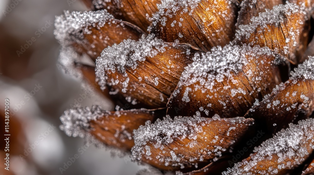 Poster macro shot captures intricate details of a pinecone covered in snow during a winter afternoon