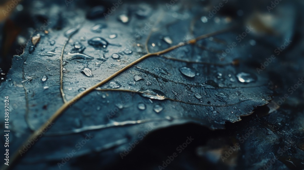 Aufkleber Macro shot capturing raindrops resting on a vibrant green leaf featuring intricate details of nature