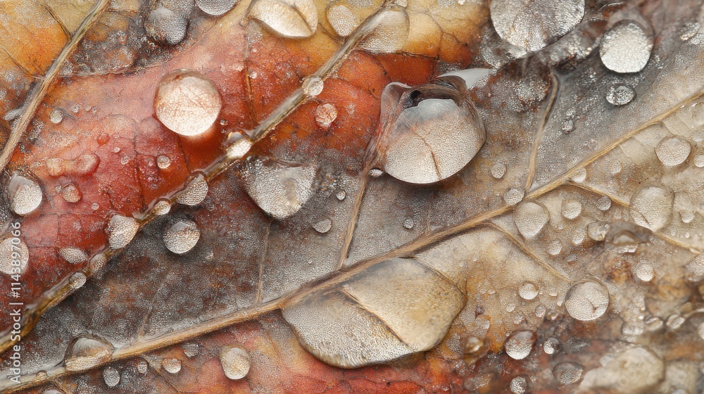 Poster Macro shot capturing droplets on a leaf showcasing vibrant colors and textures after recent rainfall in a natural setting