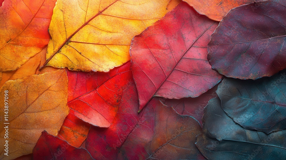 Poster golden autumn leaves creating a vibrant tapestry under the warm glow of a sunset in a serene natural