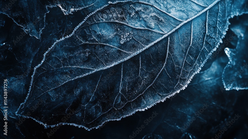 Aufkleber macro shot reveals a frozen leaf adorned with intricate ice patterns in a winter landscape