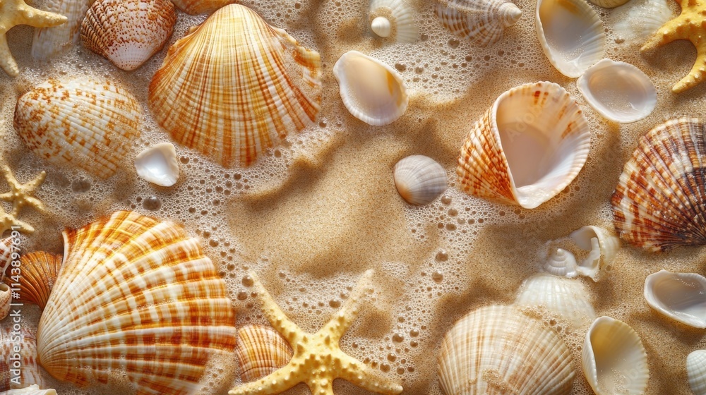 Poster colorful shells and starfish nestled in soft beach sand with gentle waves during a sunny summer day