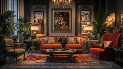 Obraz premium Luxurious living room with ornate furniture, artwork, and plants.
