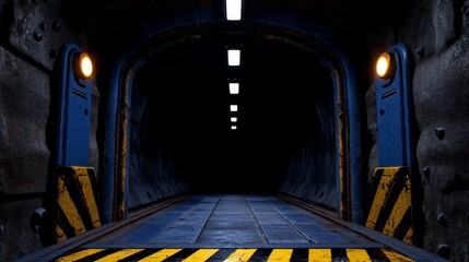 Into the Unknown:  A dimly lit industrial tunnel, the path forward shrouded in darkness.  Yellow caution stripes on the floor warn of potential danger.