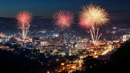 Fireworks display over illuminated city at night.