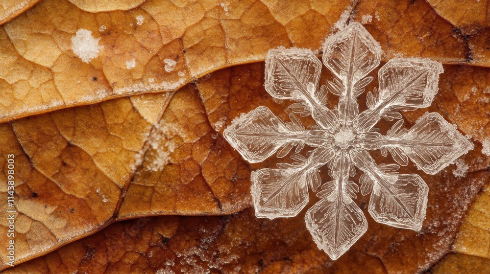 Poster Unique snowflake perched delicately on autumn leaves highlighting intricate patterns in nature's design