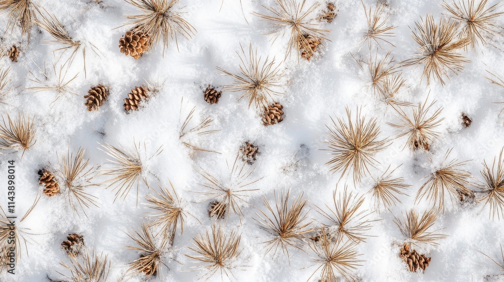 Aufkleber macro capture of snow-covered forest floor adorned with pine needles and cones in winter tranquility