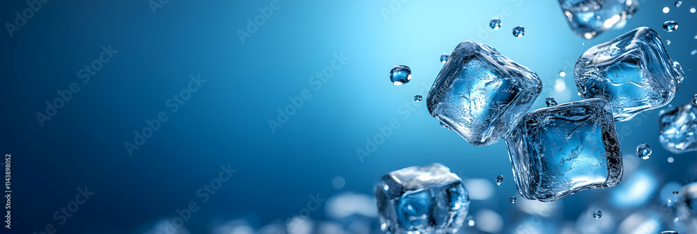 Poster crystal ice cubes falling in blue water background, refreshing abstract image with cool tones and sp