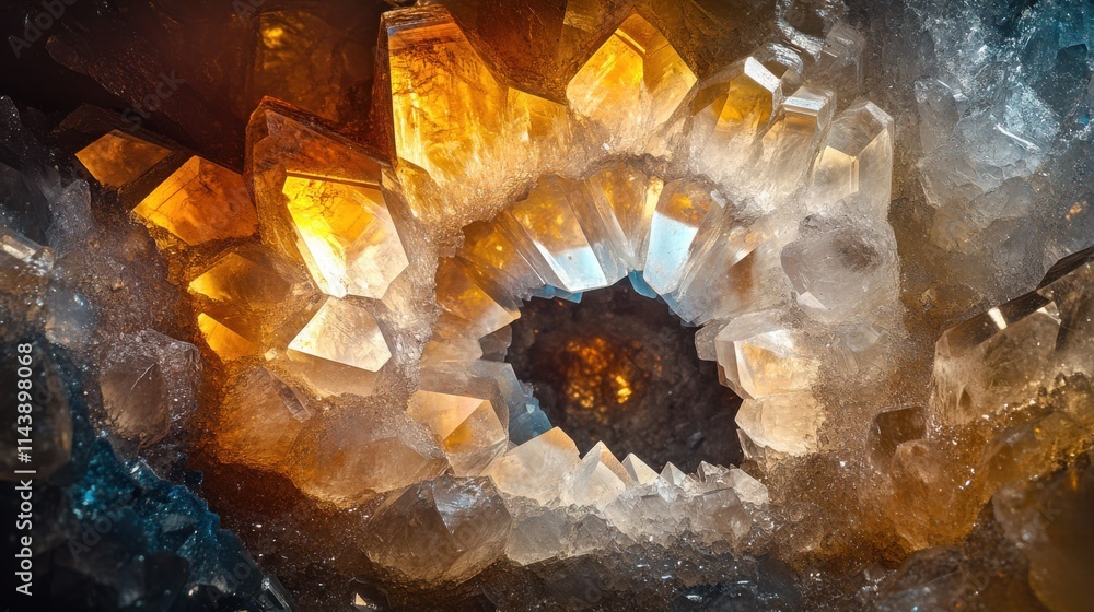 Poster Macro photograph captures intricate details of a stunning crystal geode showcasing vibrant colors and unique patterns