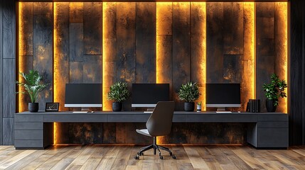 Modern Office Workspace With Illuminated Wall Paneling