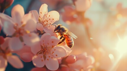 Bee pollinates cherry blossom flowers during springtime in a vibrant garden at golden hour