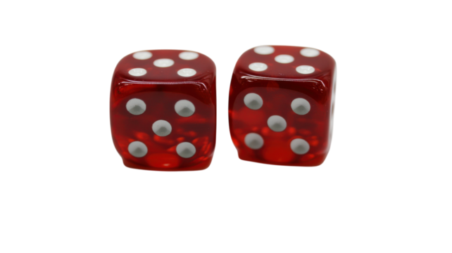 A Pair of Red Dice with White Dots Perfect for Board Game Design, Gambling Themed Graphics, or Casino Promotion Projects.