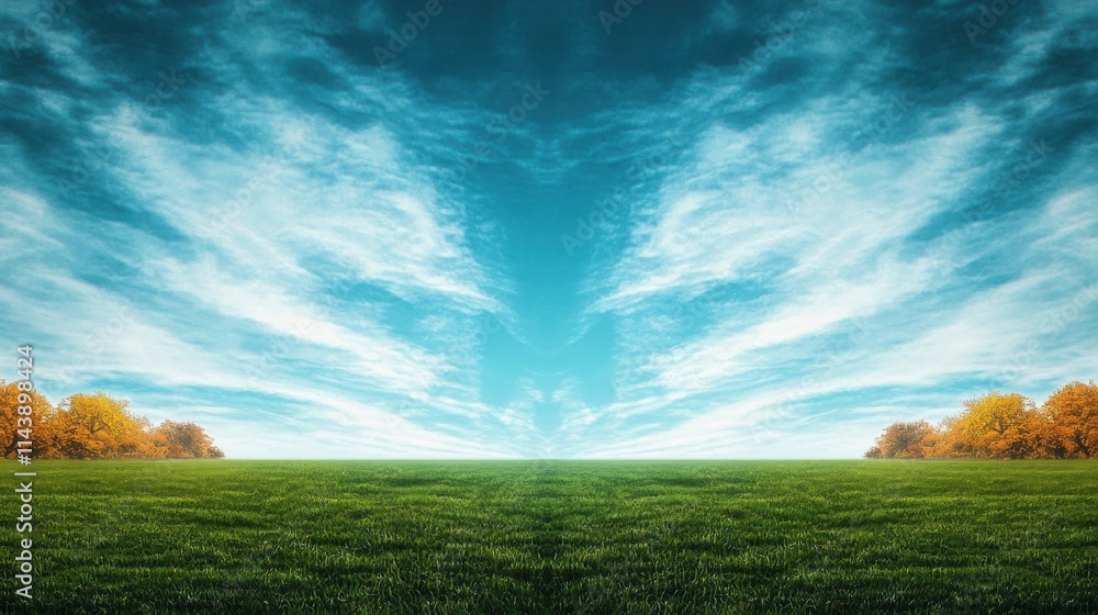 Aufkleber expansive green landscape under a vivid sky with dramatic cloud patterns and autumn trees on the hor