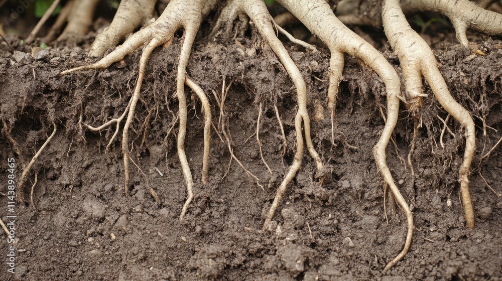 Poster intertwining tree roots create a complex network in rich soil during early morning light