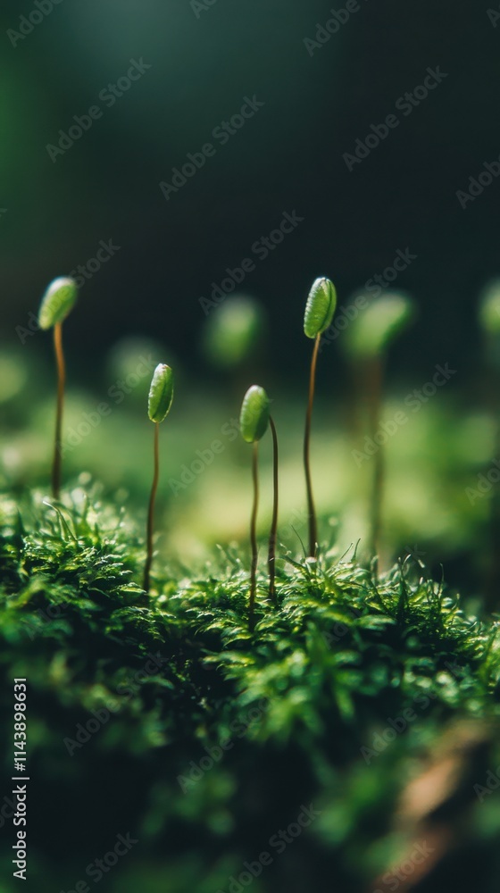 Aufkleber macro view of green moss with soft textures and shimmering sprouts in a forest setting during daylig
