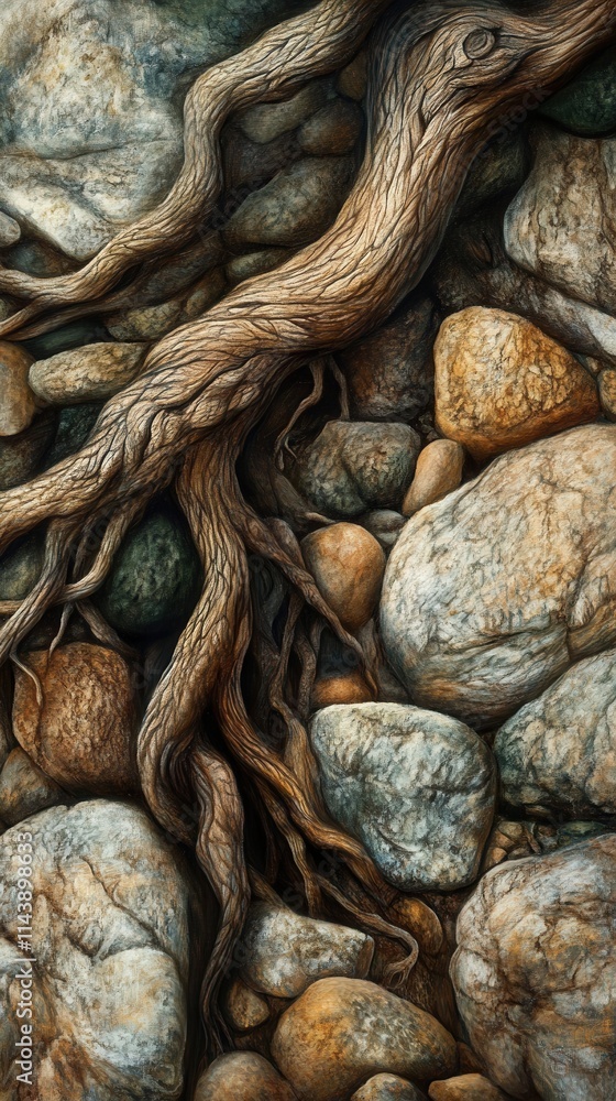 Fototapete macro view of tree roots intricately entwined over textured rocks in a natural setting