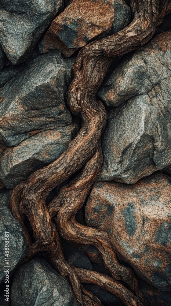 Aufkleber Tree roots intertwining with rugged rocks in a natural setting