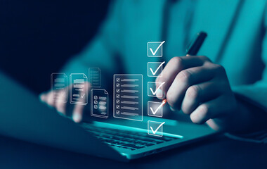 Business Performance Checklist Businessman Using Laptop Doing Online Checklist Survey On Computer Filling Out Digital Form Checklist Survey Doing Assessment Questionnaire Evaluation 