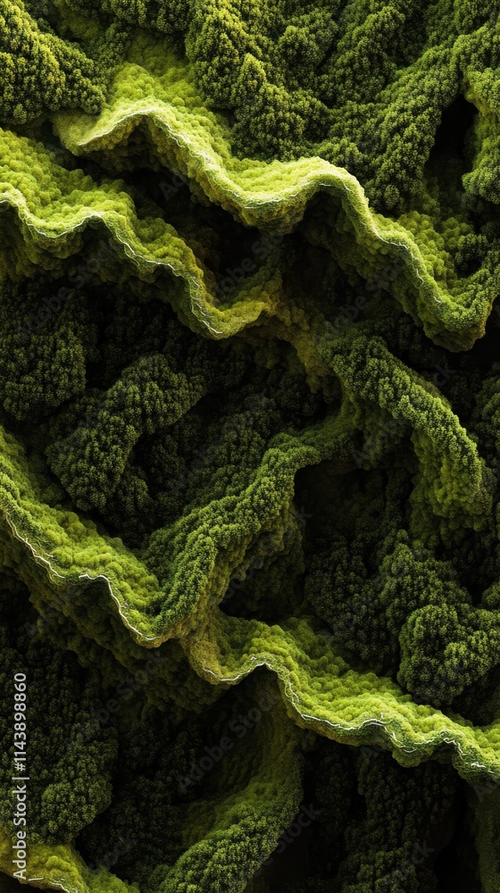 Poster exploring the intricate textures of moss with vibrant green patterns found in a forest habitat durin