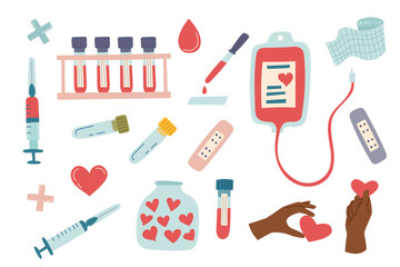 Blood donation concept. Set of medical equipment for blood donation isolated on white. Vector hand drawn cliparts.