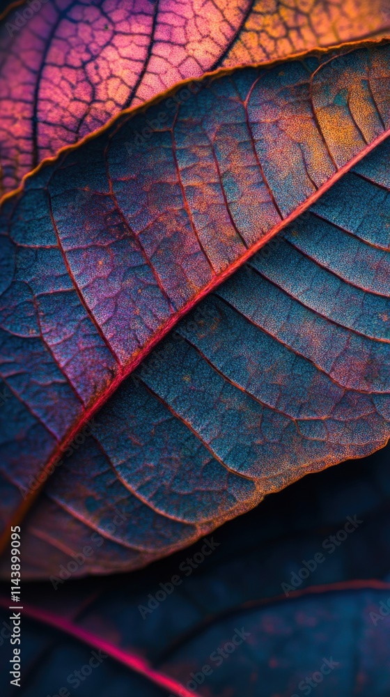 Poster vibrant autumn leaves showcasing intricate textures and colors in a macro view