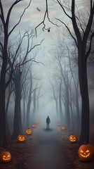 Spooky Halloween Forest Path with Jack-o'-lanterns and a Lonely Figure