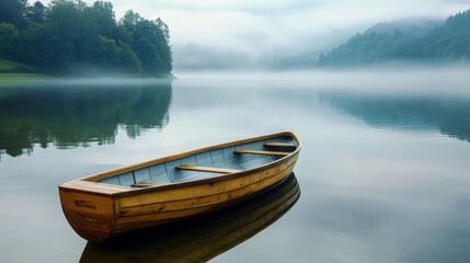Obraz premium Wooden boat on a still lake with fog in the background