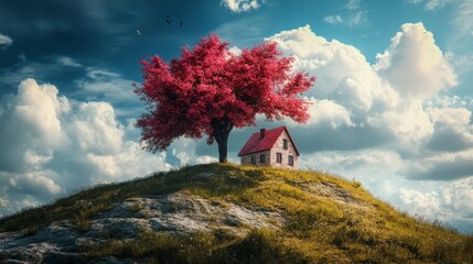 Fantasy landscape with a house on a hill and a bright red tree with a moon in the background