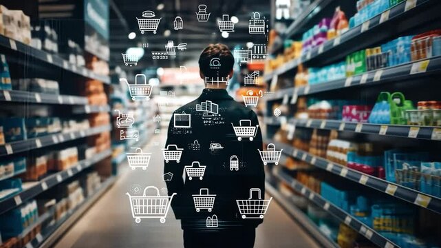 Shopping Experience: A solitary shopper navigates through a supermarket aisle, surrounded by a digital overlay of shopping cart icons, symbolizing the modern retail experience.  