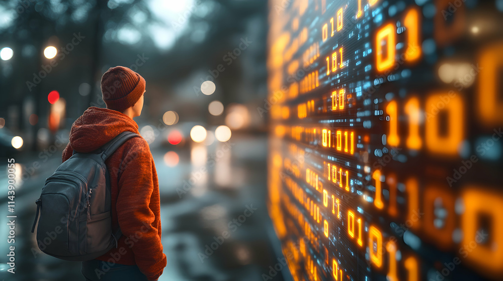 Poster person with backpack observing futuristic binary code display at night