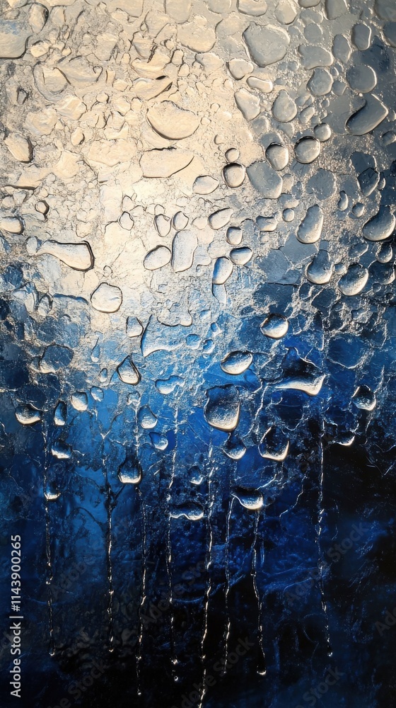Poster gentle raindrops create a mesmerizing pattern on glass with flowing water at twilight