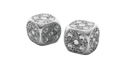 A Stunning Pair of Silver Dice with Intricate Engraved Dots Perfect for Casino-themed Decorations or Board Games.