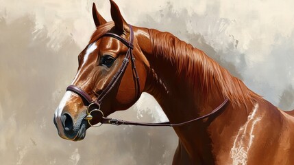 Chestnut horse portrait with bridle, painted style.
