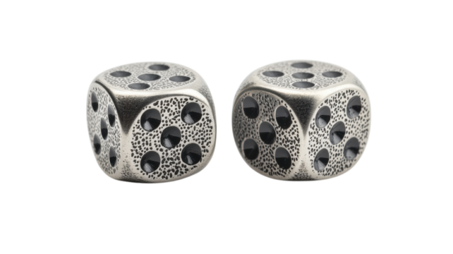 A Pair of Elegant Silver Dice with Engraved Dots Perfect for Game Nights, Collectibles, or Decorative Display.
