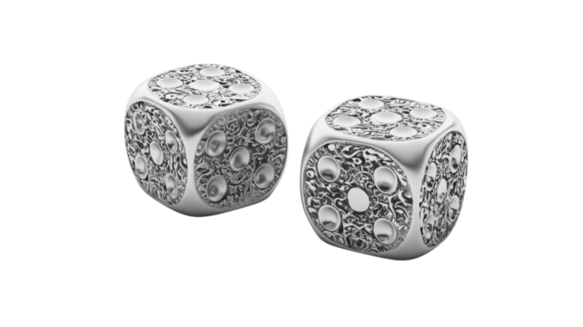 A Stunning Pair of Silver Dice with Intricate Engraved Dots Perfect for Casino-themed Decorations or Board Games.