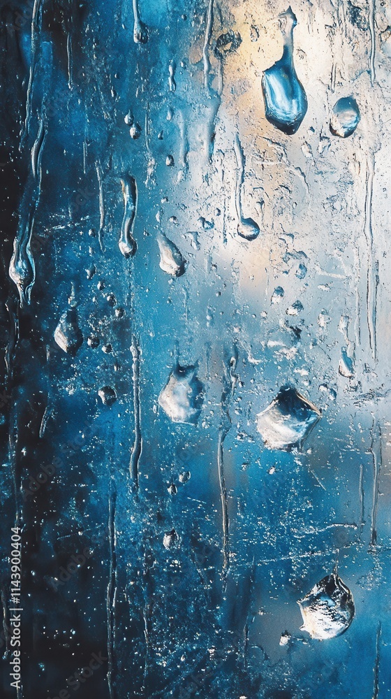 Poster gentle rain creating a serene atmosphere on a glass surface with droplets and reflections
