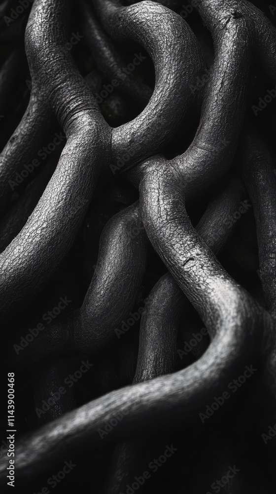 Poster Extreme macro capture of twisted tree roots showcasing intricate natural patterns in a forest setting