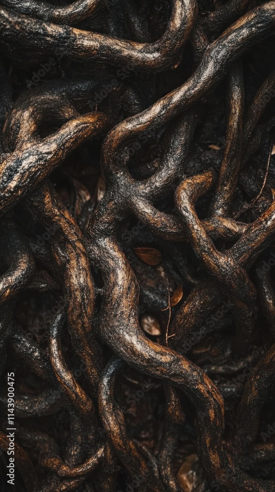 Poster twisted roots intertwine in intricate patterns beneath a dense forest canopy during golden hour