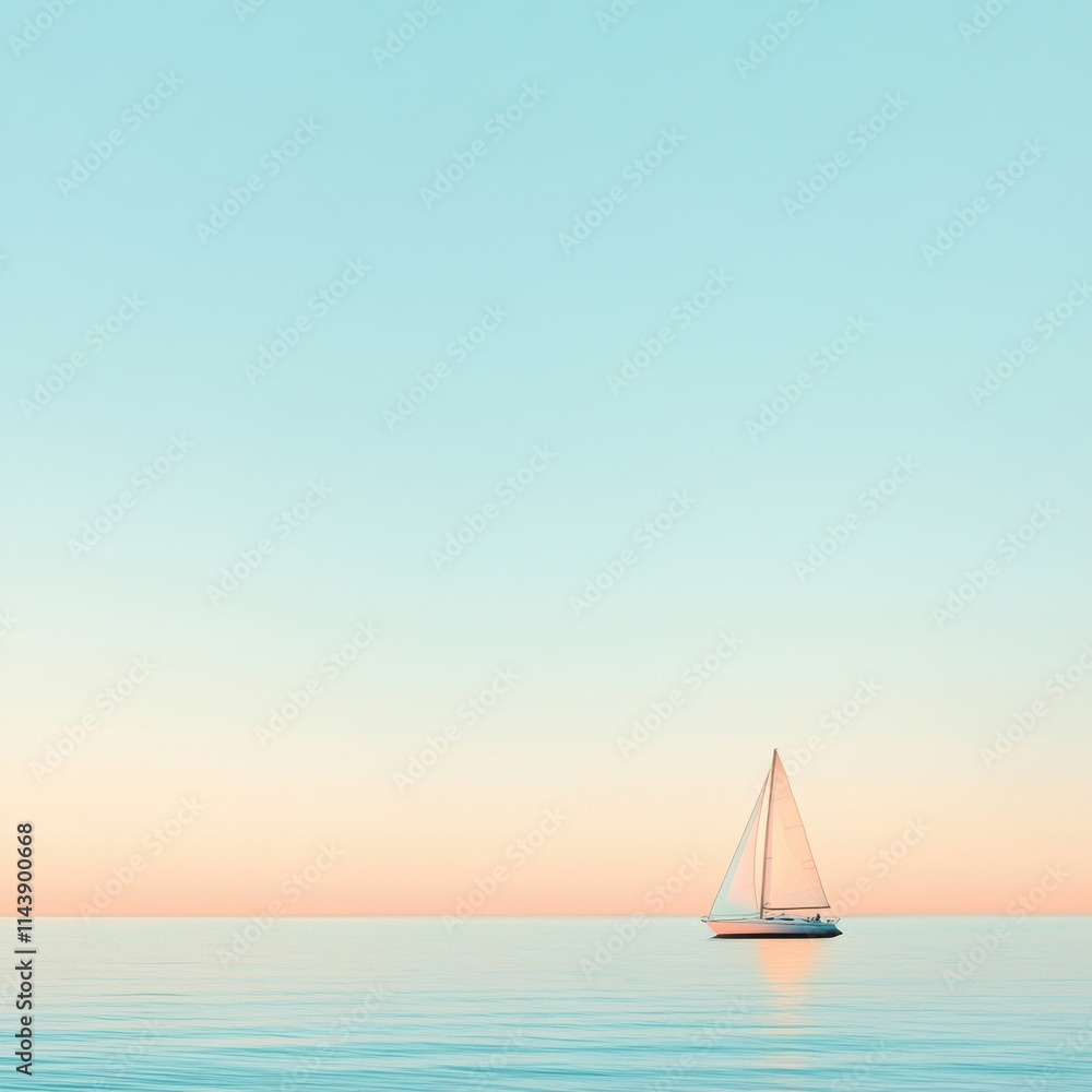 Aufkleber serene seascape at dusk with calm waters and a single sailboat under a soft color gradient sky, perf