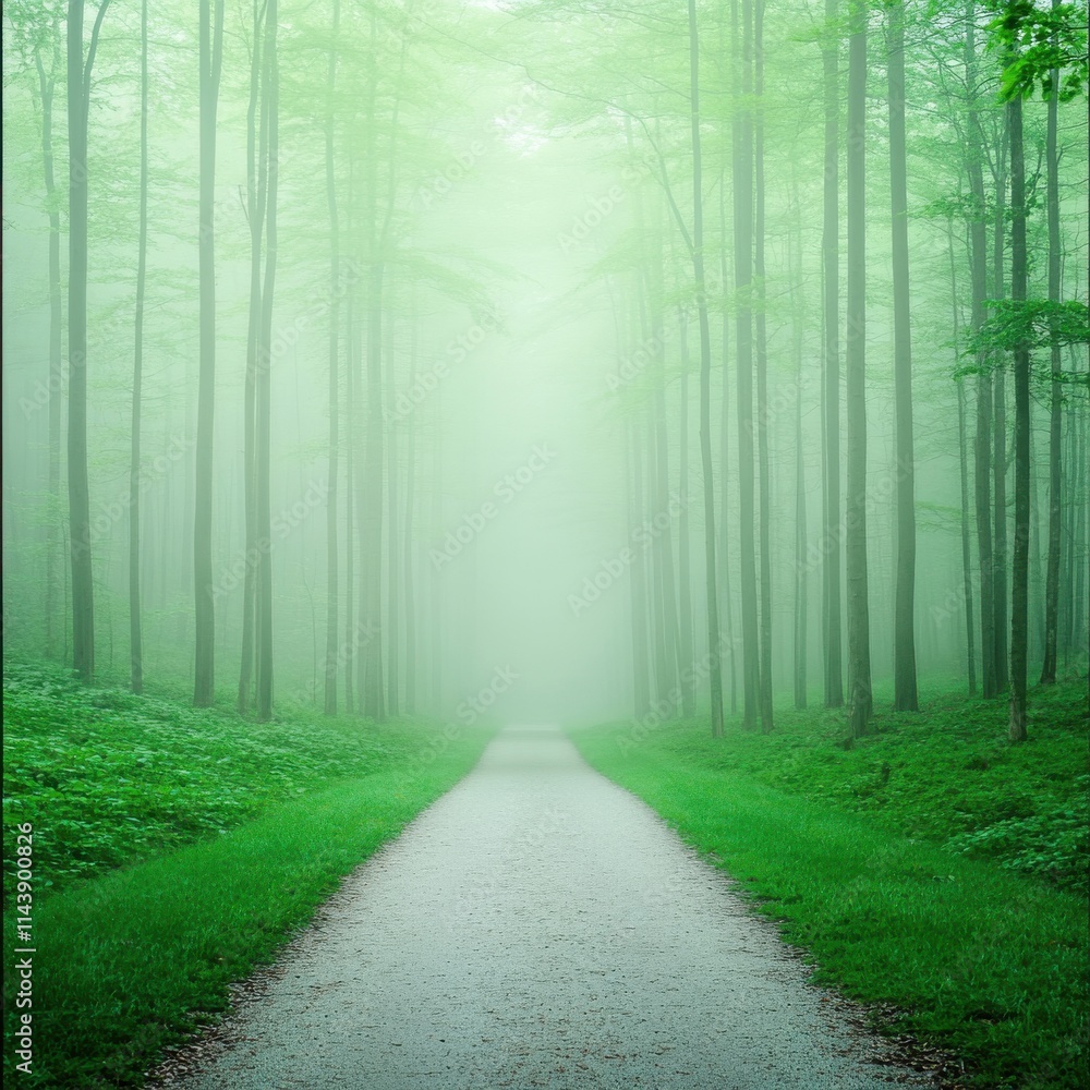 Poster serene forest pathway enveloped in mist and lush greenery, inviting tranquility and exploration in a