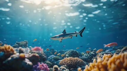 Fototapeta premium A reef shark cruising above a vibrant coral reef teeming with marine life.