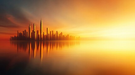 Breathtaking Sunrise Over a Modern City Skyline Reflecting on Calm Waters Creating a Serene and Vibrant Atmosphere for Urban Landscapes
