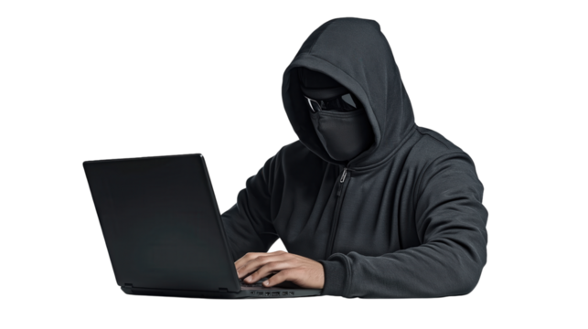 Mysterious Individual in Dark Hoodie Working on Laptop 