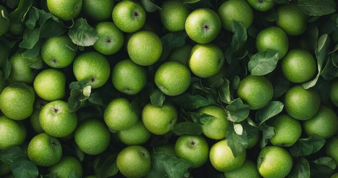 Bright green apples background, top view seamless pattern. Close up of fresh apple fruit background with leaves, top view. Photorealistic high resolution macro photography for advertising.