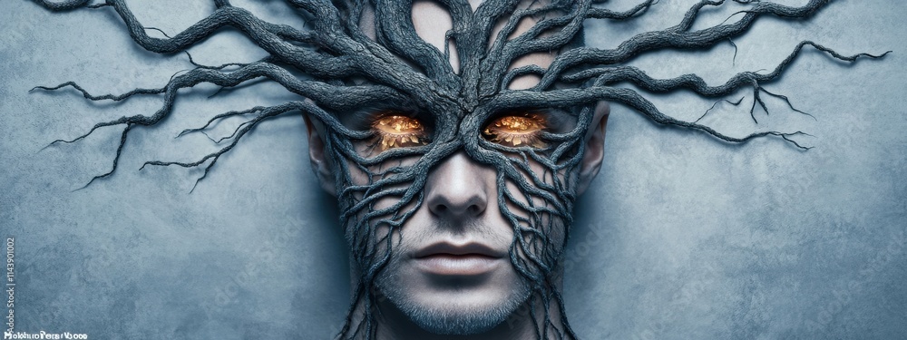 Poster surreal portrait of a man with tree branches emanating from face and fiery eyes, symbolizing nature 