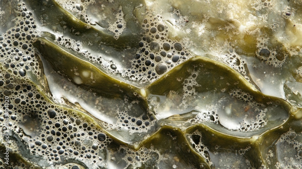 Poster close-up view of textured seaweed on rocky beach revealing intricate patterns and bubbles in marine 