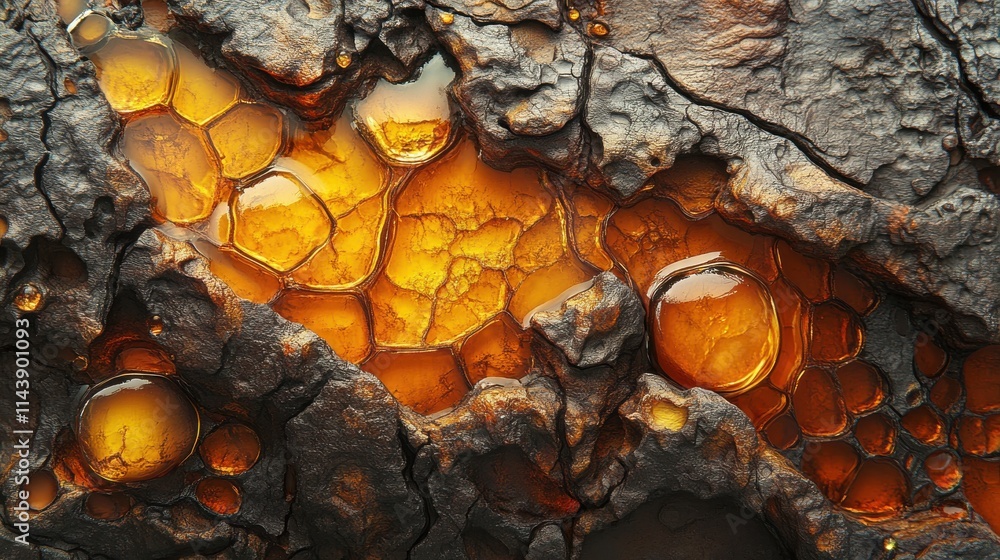 Poster Close-up view of textured pine tree bark with amber resin reflecting light in a natural setting