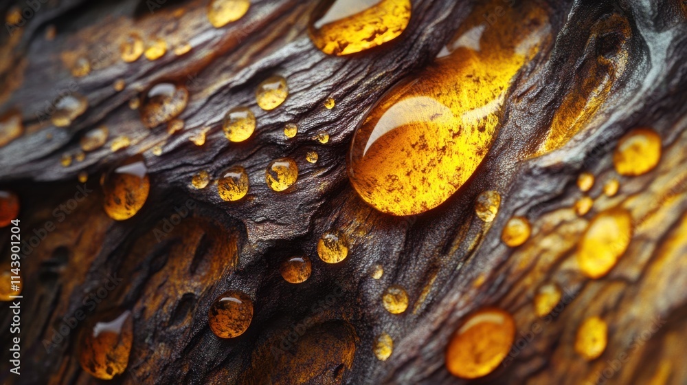 Poster close-up view of intricate pine tree bark texture with droplets of resin glistening under light