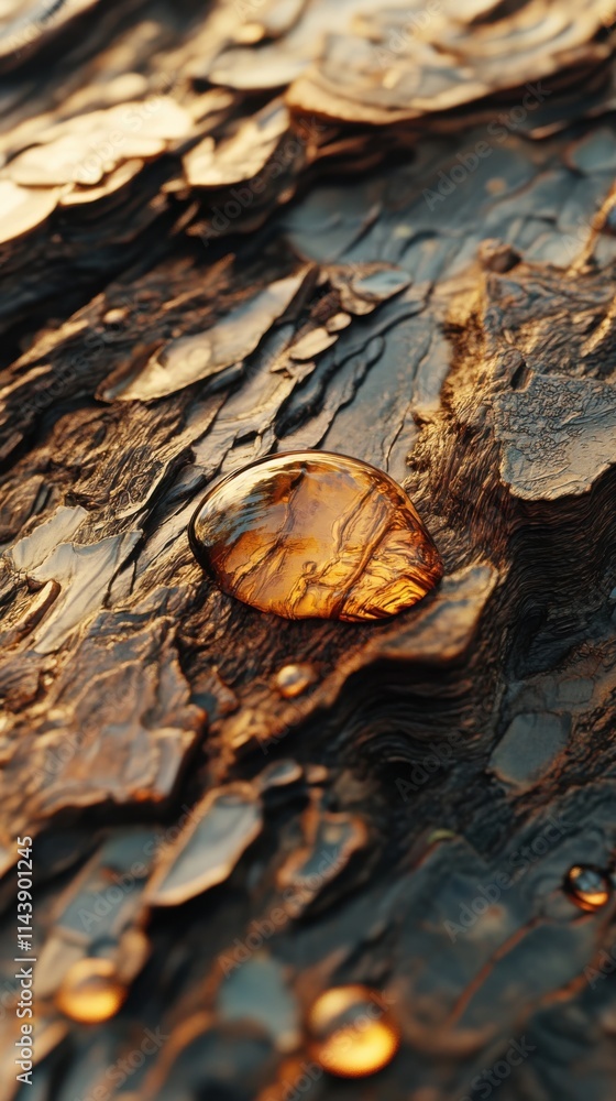 Poster close-up view of pine tree bark showcasing intricate textures and natural details illuminated by gol