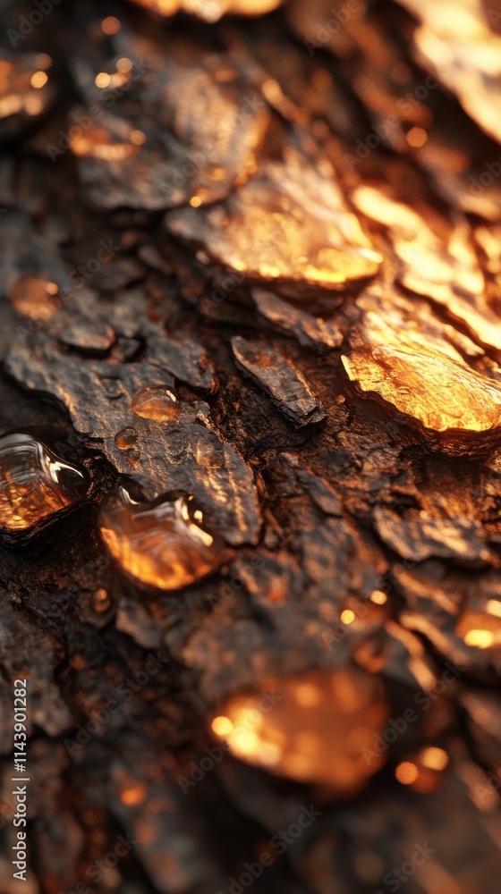 Poster Close-up view of textured pine tree bark highlighting natural patterns and moisture droplets in warm lighting